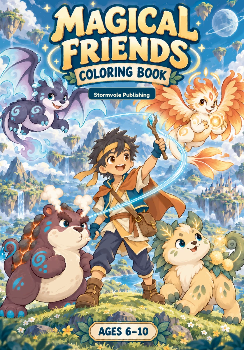 Magical Friends – omslag med en ung hjälte och fyra magiska vänner